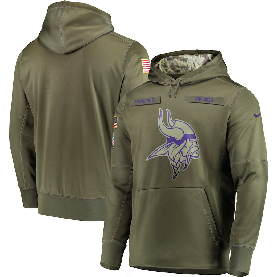 Men's Minnesota Vikings 2018 Olive Salute to Service Sideline Therma Performance Pullover Stitched Hoodie Men's Minnesota Vikings 2018 Olive Salute to Service Sideline Therma Performance Pullover Stitched Hoodie